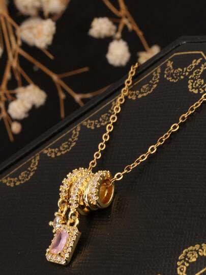 1pc 18K Gold Stainless Steel Chain Tassel Square Pendant Necklace For Women, Sweet & Chic Minimalist Design, Suitable For Daily Office Wear, Gift