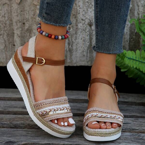 Sandales compensées de style bohème en tissage, style décontracté pour femmes, été