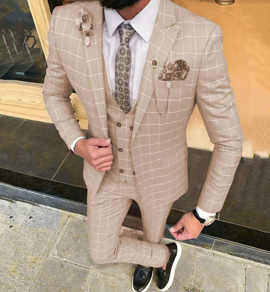 3PCS Mens Suits Check Plaid Tuxedos Suit Double Breasted Vest One Button Jackets Formal Dress Wedding Party Prom Tuxedo Suits Blazer Set, Long Sleeves, Machine Washable For Business Casual, Spring/Fall - 米色 - 查看 1
