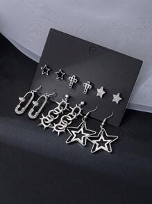 6 Pairs Gothic Star Rhinestone Cross Skull Hollow Thorn Interlocking Circle Star Brooch Set, Fashionable Creative Party Accessories