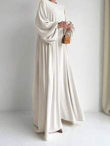 Solid Color Round Neck Elegant Long Sleeve Abaya Dress For Women - White - View 4