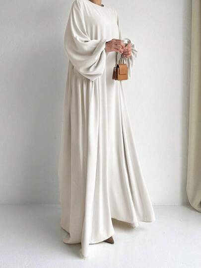 Solid Color Round Neck Elegant Long Sleeve Abaya Dress For Women Spring White