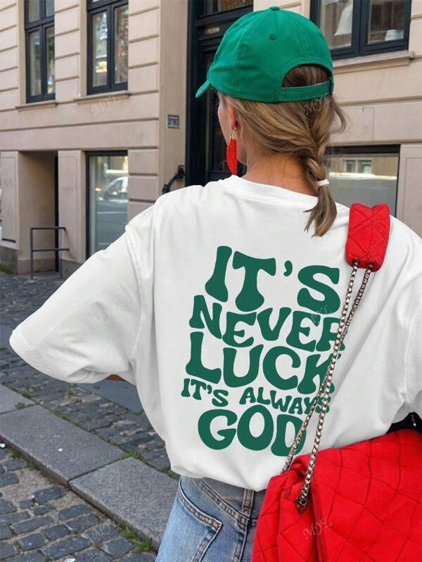 Es ist nie Glück, es ist immer Gott Schriftzug, Sloganaufdruck Damen lässige überweitige Kurzarm Sommer Outfit, grafischer Sommer Frauen T-Shirt Urlaub Ausgang Oberteil, Damen Kurzarm Sommer Tops kurze Ärmel Sommer Frauenbekleidung