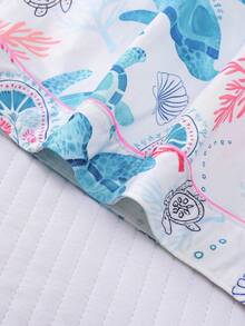 2 件套海龟与海洋元素印花女士睡衣套装，带翻领和纽扣的短袖衬衫和宽松弹力短裤，适合节日、派对、休闲户外和室内穿着，四季皆宜