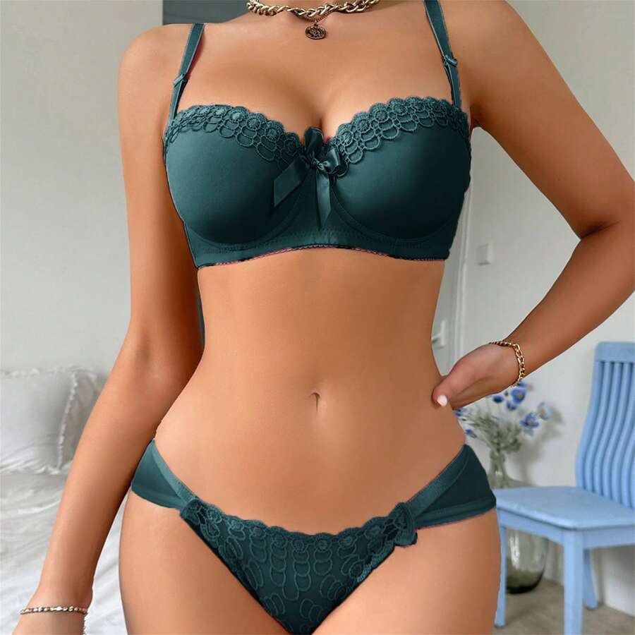 Women's Lace Embroidery Bra Set Stain Bow Mesh Underwired Full Coverage Bra With Low Waist Thong Lingerie Set Underwear Babydoll Sleepwear - 綠色 - 查看 1
