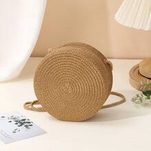 1 chiếc 2025 Túi đeo vai tròn dệt rơm dễ thương cỡ lớn mùa hè mới, Túi đeo chéo nhỏ đựng điện thoại di động, Túi đi biển, Túi đựng điện thoại thời trang, Ví đựng tiền xu, Túi đan rơm màu trơn INS, Túi đựng điện thoại cho nữ, Túi tròn dệt rơm ngày lễ bãi biển thời trang mới [Đường kính 16cm, Có thể đựng điện thoại] - màu nâu - Xem 10