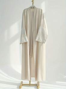 Ramadan 2025 Dubai Middle East Turkey Dubai Embroidered Elegant Open Front Long Robe, Modest Kaftan - Milky - View 2