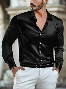 NITAGUT Men Solid Button Up Long Sleeve Shirt, Fall - Black - View 4