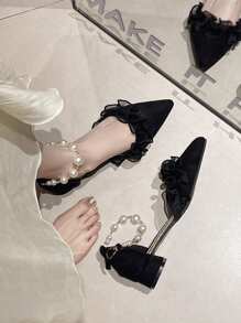 Woman's Fashionable Delicate Fairy Aesthetic Chunky Heel Pumps, New Spring/Summer Pearl Decor High Heel Shoes, French Mid-Hollow Pointed Toe Heels