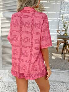 PoPoHouse Women's Two Pieces Summer Outfit, Bohemian Style Casual Fashion Clothing, Vacation Beach Set, Floral Patterned Short Sleeved Shirt And Shorts Set