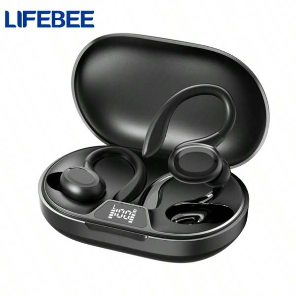 LIFEBEE Auriculares deportivos inalámbricos con micrófono y estuche de carga con LED - Sonido estéreo real y diseño de gancho para la oreja para correr y hacer ejercicio