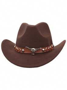 1 Men's Polyester Western Cowboy Hat, Unisex Vintage Style Hat, Bull Shape Decoration, Suitable For Daily Casual Wear, Western Cowboy Party, Bar Cowboy (One Size Fits All)