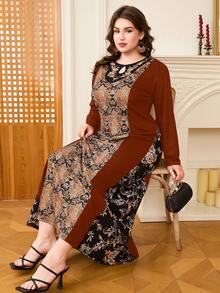 DEARCASE Plus Size Print Long Sleeve Maxi Dress, Fashionable Design Suitable For Summer, Modest Spring Vacation - Coffee Brown - View 6