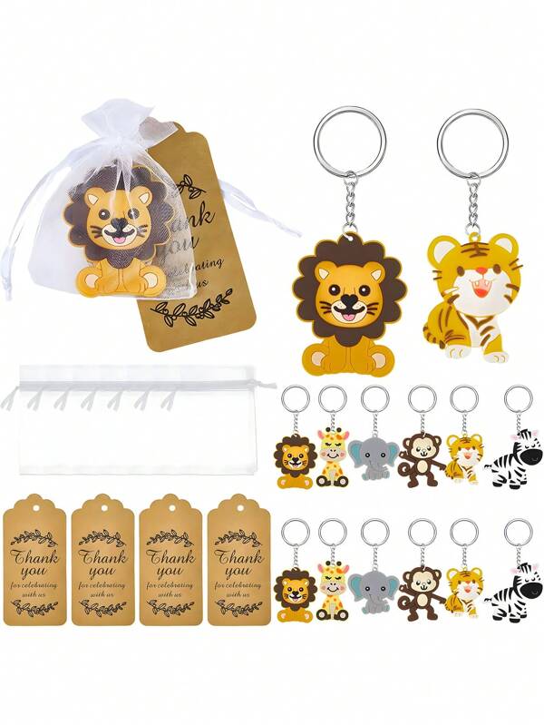 18pcs Cute Jungle Animal Key Chain, Zoo Party Gift, Wildlife Key Ring With Brown Paper Tag And White Chiffon Bag, Suitable For Babyshower Birthday Party Decoration Gift, Jungle Animal Theme Family Holiday Party Decoration Supplies, Lion Giraffe Elephant Key Chain, Wild Party Decoration