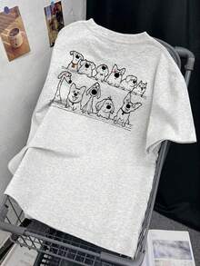 Japanese Style Spring/Summer Round Neck Loose Casual Cute Cartoon Dog Double-Sided Print Short Sleeve T-Shirt - Light Grey - View 7