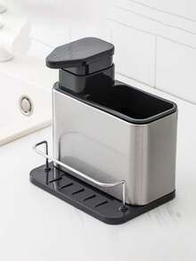 1pc 3-In-1 Kitchen Sink Soap Dispenser, Stainless Steel Sink Organizer Tray, Scrubber Holder And Dish Drying Rack - Silver - View 3