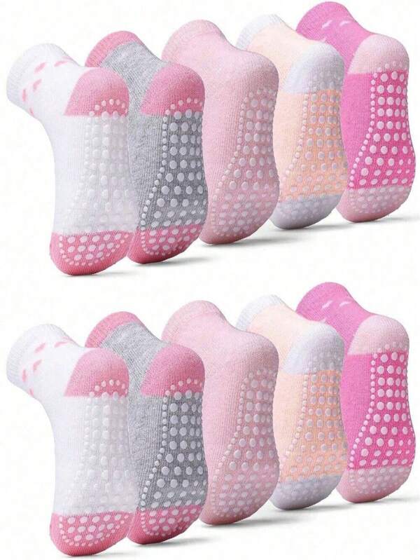 10pairs Children's Baby Girls Non-Slip Toddler Socks Heart Print Crew Socks
