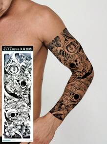 1pc Skull Pattern Full Arm Temporary Tattoo, Waterproof Realistic Body Art Tattoo Sticker For Men & Women