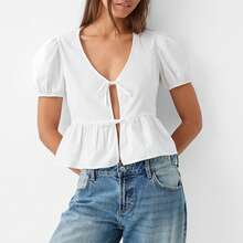 Women's Babydoll Tops Casual Loose Fitting V Neck Open Front Tie-Up Short Sleeve Ruffled Shirt For Summer - White - View 2