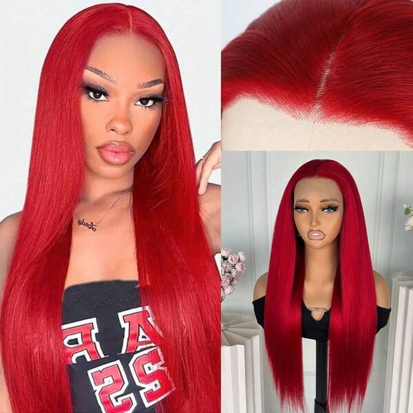 Peluca sintética de cabello rojo con parte libre, encaje frontal 13x4, línea natural del cabello previamente rasurada, sin pegamento, cabello lacio sedoso y largo, resistente al calor, de 180% de densidad, 26 pulgadas, para uso diario, fiestas y mujeres y niñas de moda