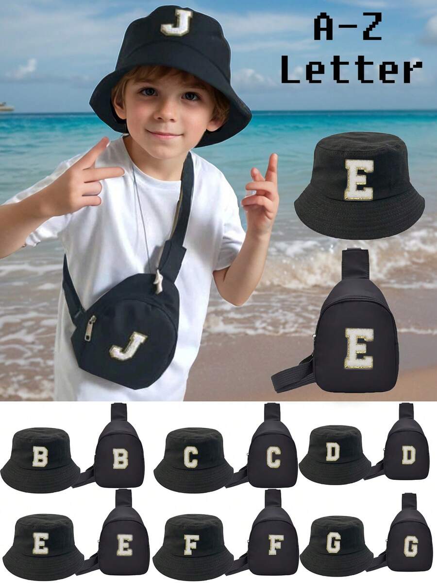 2件套可爱字母A-Z婴儿渔夫帽和包包，男女童儿童遮阳帽，户外儿童巴拿马帽，服装配饰 - 黑色 - 查看 1