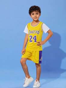 2pcs Kids Basketball Jersey Set - #24, Customizable Name, Boys Basketball Uniform, Personalized Sports Tee And Shorts, Summer Children Activewear, Training & Daily Casual Wear, Multi-Functional, Ornamental, Letter, Stylish, Modern, Colorful, Cute, Adorable, Casual, Custom, Personalized, Unique, Customized, Ideal Gifts For Him, Ideal Gifts For Her - Yellow - View 5