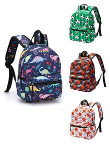 13.7" (35cm) Children's Backpack With Sports Ball & Dinosaur Patterns, Suitable For Daycare & Preschool, Padded Back & Adjustable Shoulder Straps, Great For School & Daily Use, Fashionable Backpack