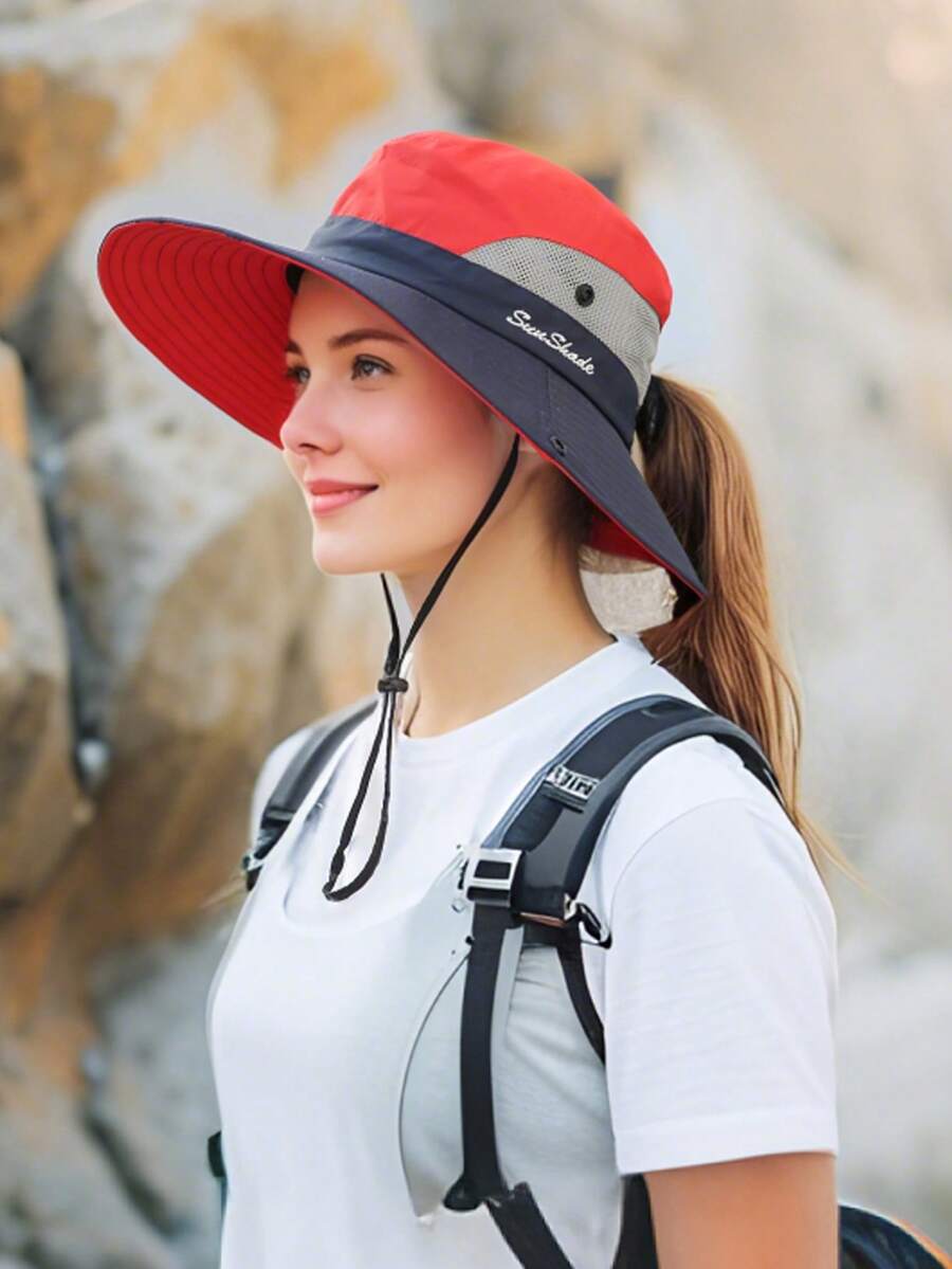 1pc Women's Outdoor Sun Hat With Ponytail Hole, Breathable Bucket Hat For Sun Protection - A - View 1