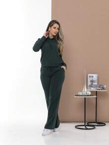Casual Sweatshirt Set Of Blouse And Pants C3111 - 墨綠色 - 查看 3