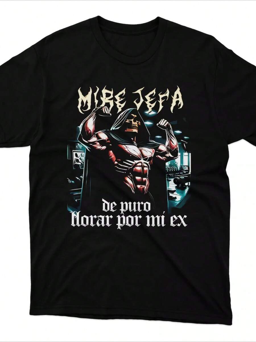 Playera informal de verano para hombre con estampado de karaca mexicana, cuello redondo y manga corta, 100 % algodón, 220 g de algodón grueso. - Negro - Ver 1