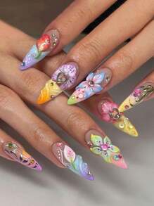 24 PIEZAS de suministros para uñas con flores verdes 3D de primavera y verano + 1 lima de uñas + 1 pieza de pegamento de gelatina