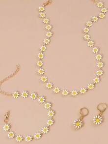 4pcs Women Daisy Jewelry Set: 1pc Necklace, 1pc Bracelet, 1 Pair Earrings - Sunflower - View 4