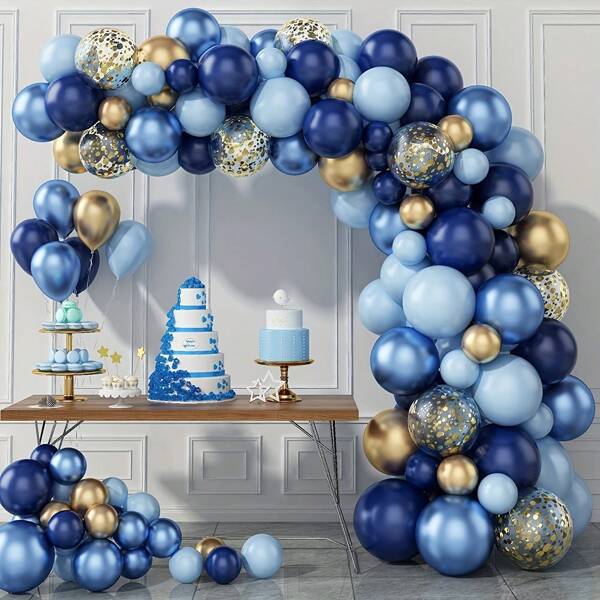 97pcs Navy Blue Balloon Arch & Garland Kit, Including Metallic Blue, Macaron Blue Balloons, Gold & Metallic Gold Balloons, For Birthday Party Decor, Wedding, Bridal Shower, Baby Shower