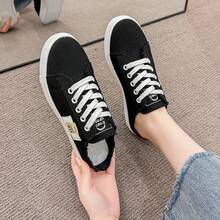 女士运动休闲鞋半拖头透气帆布鞋女夏季新款小白鞋韩版时尚休闲运动平底鞋 - 黑色 - 查看 3