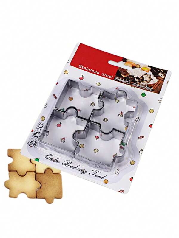 Herramientas de hornear Molde para galletas y pasteles de acero inoxidable de 4 piezas, utensilios de pastelería con molde de rompecabezas