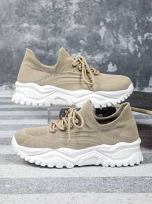 Lightweight & Breathable Khaki Casual Sneakers,Unisex Wide Fit Knitted Fabric, Comfortable Slip-On,Suitable For Spring/Summer, Casual Wear, Gifts, Travel, Outdoor Running