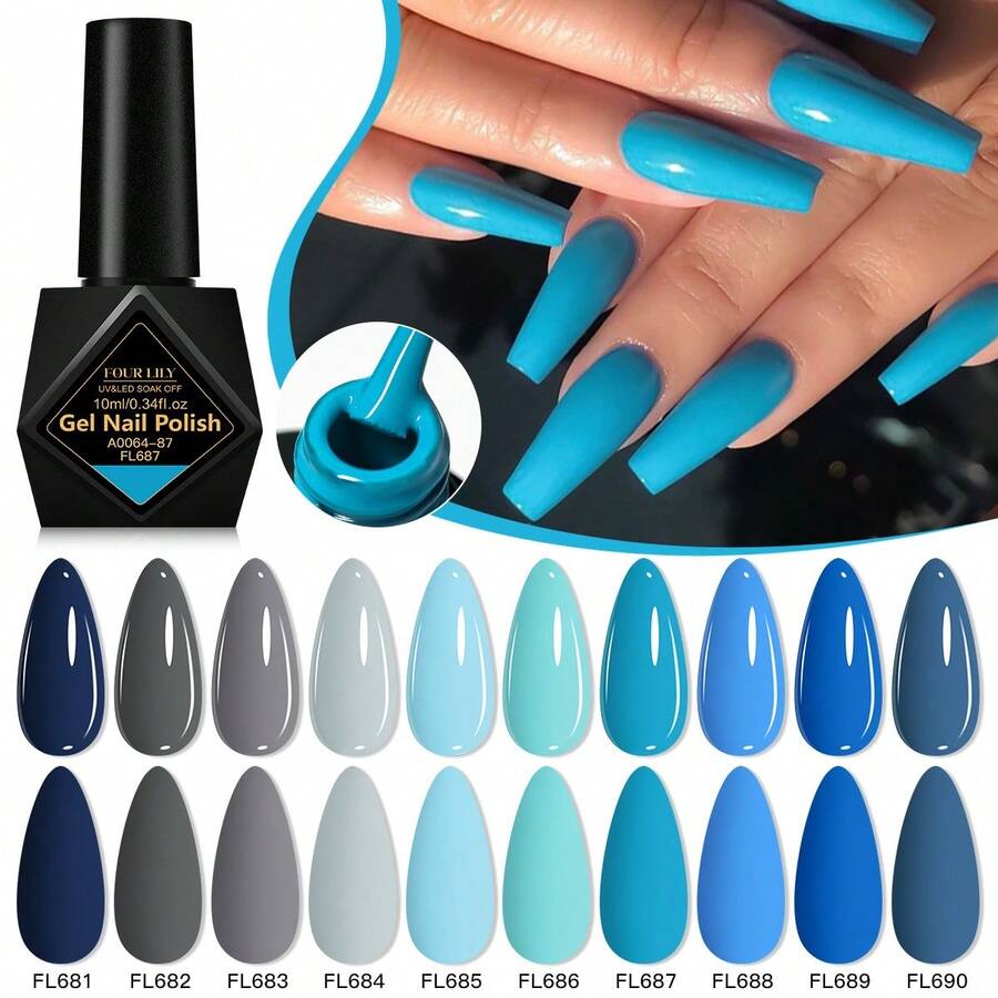 FOUR LILY 10ml Blue Gel Nail Polish, French Nail Gel Polish, Soak Off UV Light Cure Gel Polish, Art Design Manicure Salon DIY Salon Gel - Multicolor - View 1