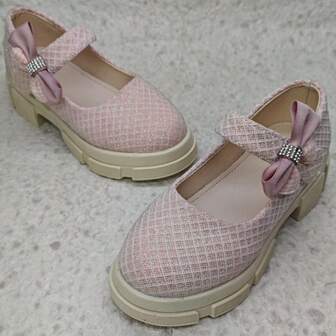 Mesh Glitter Striped Bow Rhinestone Decor Elegant Versatile High Heel Pumps, Suitable For Evening Party, Wedding, School, Commute, Fashion For Girl