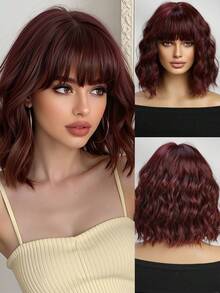 Wine Red 14inch Bob Wigs For Women Curly Wavy Wigs With Bangs Short Heat Resistant Synthetic Wigs For Party Costume Daily Wear Music Festival Colorful Wigs - Màu Đỏ Sâu - Xem 2