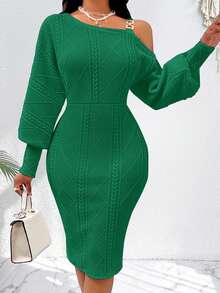 AIJ Amarilo Elegant Commuter Solid Color Asymmetric Collar Lantern Sleeve Fitted Dress - Pastel Green - View 4