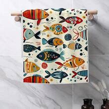 1pc/2pcs Contemporary Cartoon Fish Decorative Kitchen Towels, Soft & Absorbent Machine Washable Polyester Dishcloth, Perfect For Kitchen Decor, Cooking.Baking, Holiday Decor & Bathroomssentials, TableDecor, Kitchen Supplies, Home Decoration, New Home Bathroom Housewarming Gift, Kitchen Towels - Multicolor - View 5
