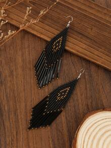 复古波西米亚风格黑色魅力串珠流苏耳环，手工分层串珠设计，优雅时尚珠宝，适合女性日常/派对佩戴，是送给女朋友/姐妹的完美礼物