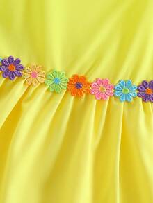 Young Girl Floral Shoulder Strap Decorated Ruffle Hem A-Line Dress, Suitable For Summer Holiday - Yellow - View 5