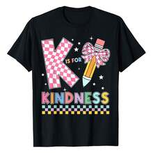 K Is For Kindness Cute Pencil Bow Teacher Be Kind T-Shirt Women's Plus Size Graphic Tee - 黑色 - 查看 1