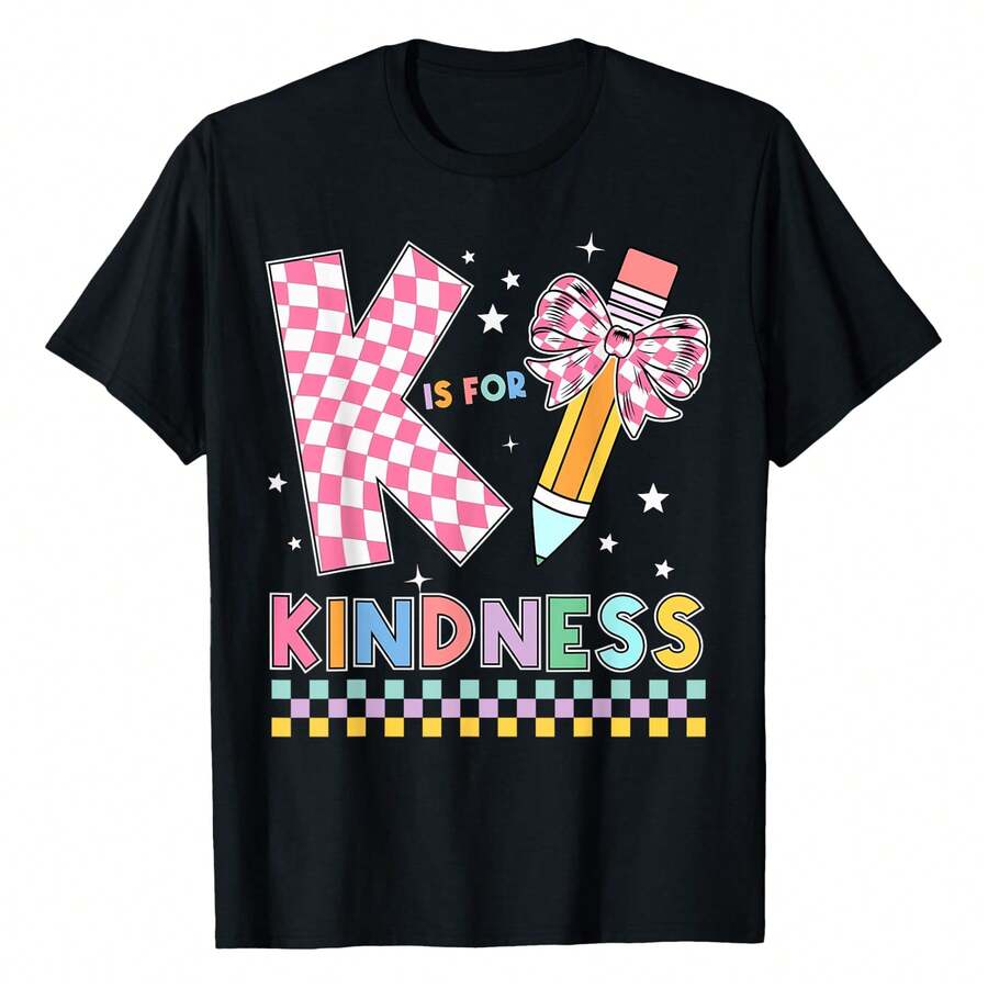 K Is For Kindness Cute Pencil Bow Teacher Be Kind T-Shirt Women's Plus Size Graphic Tee - 黑色 - 查看 1