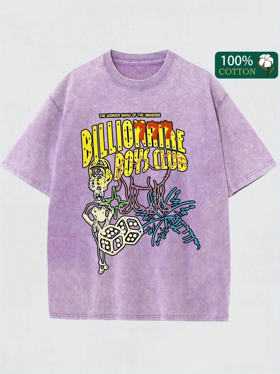 Men's Vintage-Inspired "BILLIONaire Boys Club" Graphic Tee - Thick, Soft 100% Cotton, Pink With Colorful Print, Round Neck Short Sleeve T-Shirt For Summer Streetwear - Màu tím  Violet - Xem 1