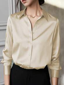 Blusa de satén casual para mujer, camisa con botones y diseño de cuello, elegante para la oficina y uso casual, primavera y verano - Champán - Ver 10