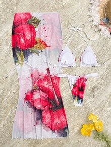Three Pieces Fashion Custom-Made Three-Dimensional Floral Print Bikini Set With Sun-Proof Skirt - Red - View 2