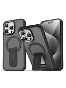 Luxury Matte Semi-Transparent Magnetic Wireless Charging Phone Case With Stand, Compatible With Apple 16 15 14 13 12 11 Pro Max Plus, Metal Camera Ring, Shockproof, Soft Bumper, Rigid Back Cover Waterproof Anti-Fall Scratch Resistant - Black - View 2