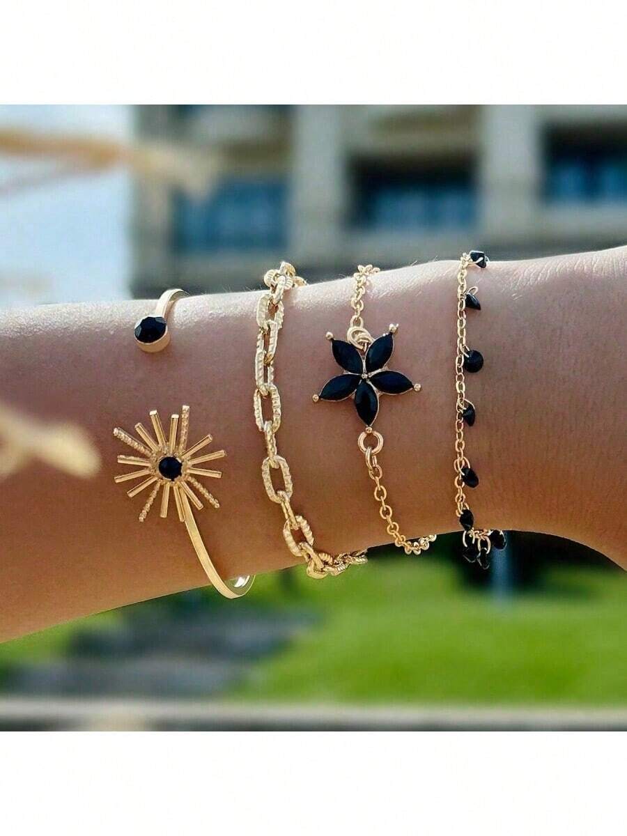 4 Pcs/Set Minimalist Alloy Rhinestone Flower Tassel Chain Sunflower Bangle Bracelet Jewelry Set, Great Gift For Date - Black - View 1